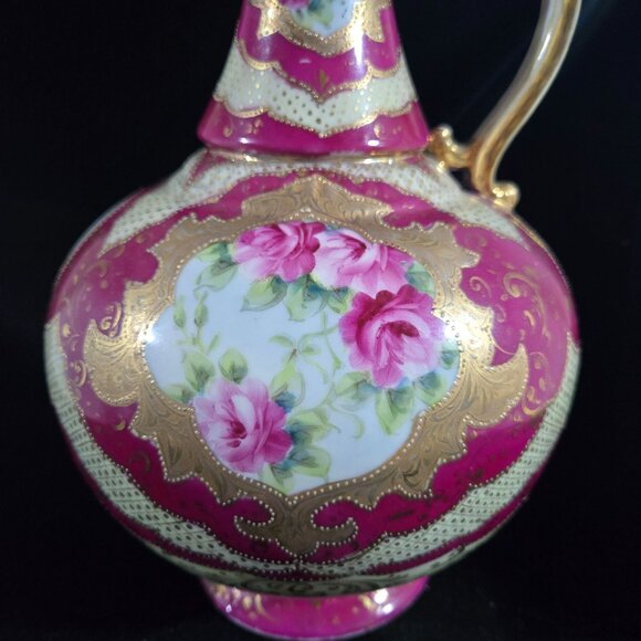 Antique Victorian Style Hand-Painted Porcelain Pitcher, Vase W/ Gold Gilding & F - Picture 2 of 10